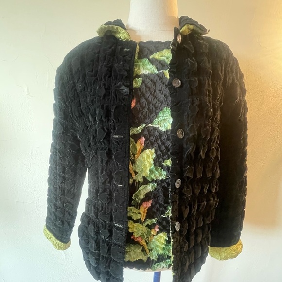 UBU Reversible Jacket Floral Lime Green & Black Jacket Matching popcorn shirt L - Picture 8 of 8